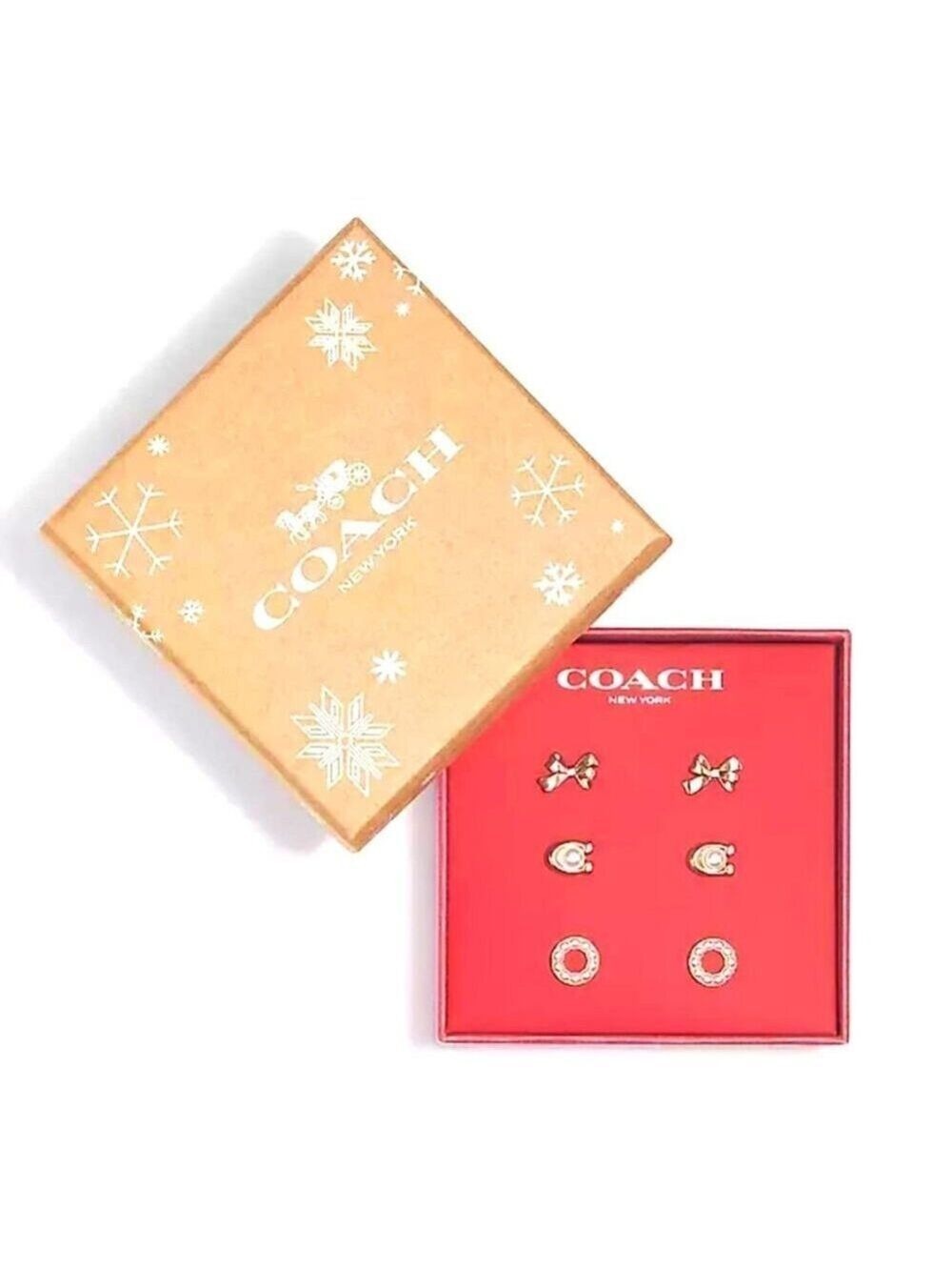 COACH ROSE GOLD TONE SIGNATURE PEARL BOW EARRINGS SET 3 PAIRS